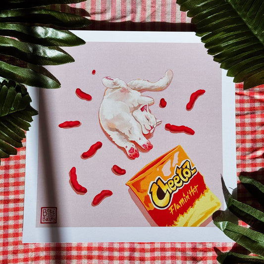 Illustration of a cat with a Cheetos box and cheetos on a red and white checkered background.