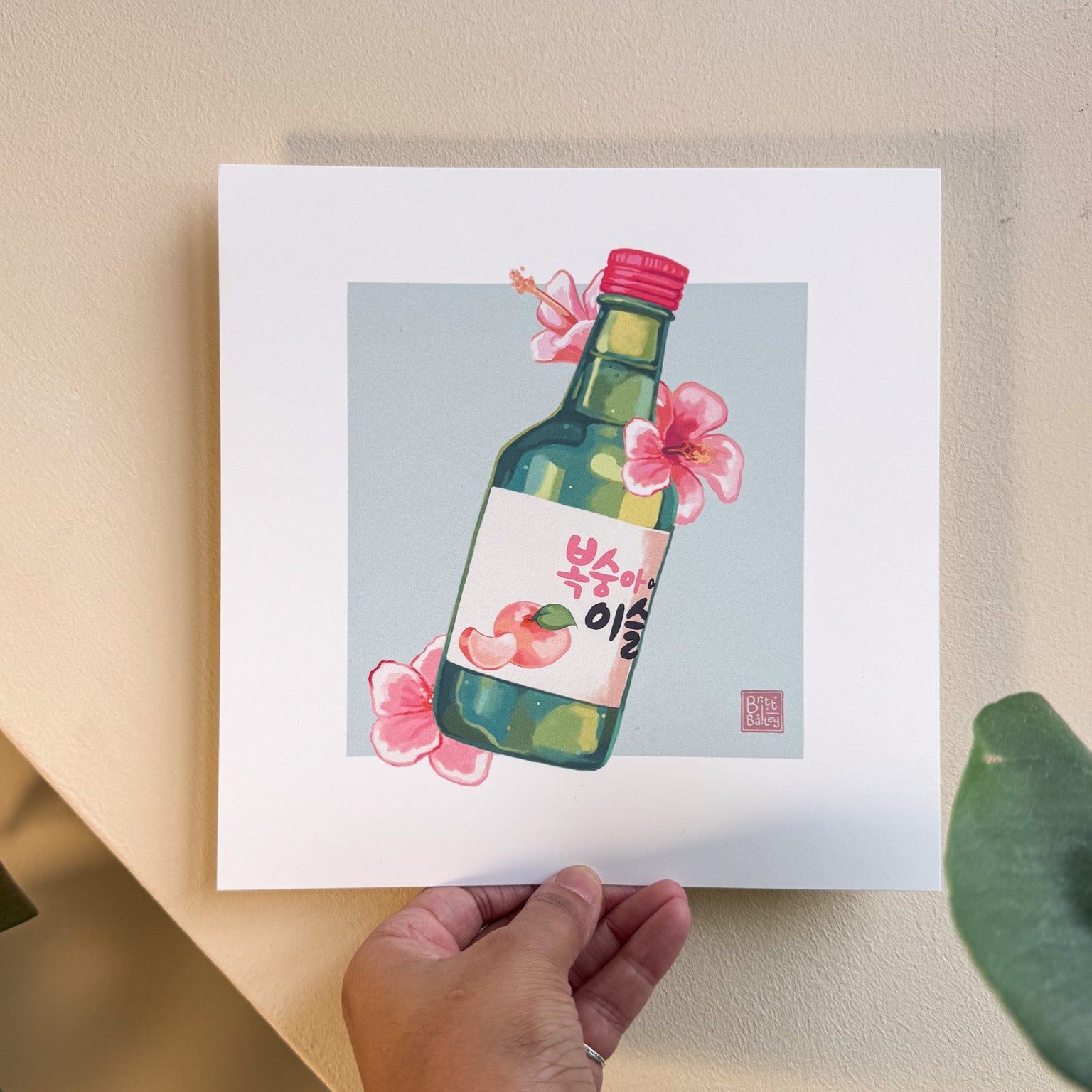 Hand holding an art print featuring a painterly digital illustration of a bottle of peach flavoured korean soju surrounded by pink hibiscus flowers on a soft teal background. 